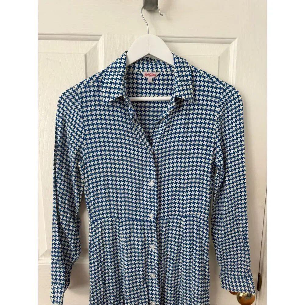 Cath Kidston London Blue & Cream Houndstooth long Sleeve Button Down Maxi Dress